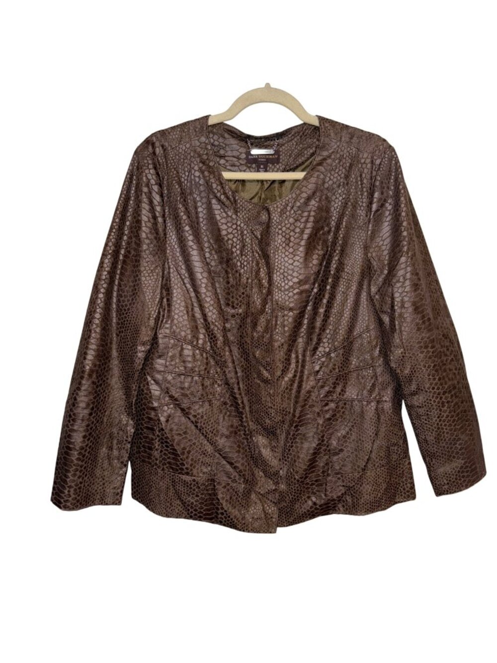 Dana Buchman Woman 0X Faux Leather Snake Print Jacket Brown Open Front